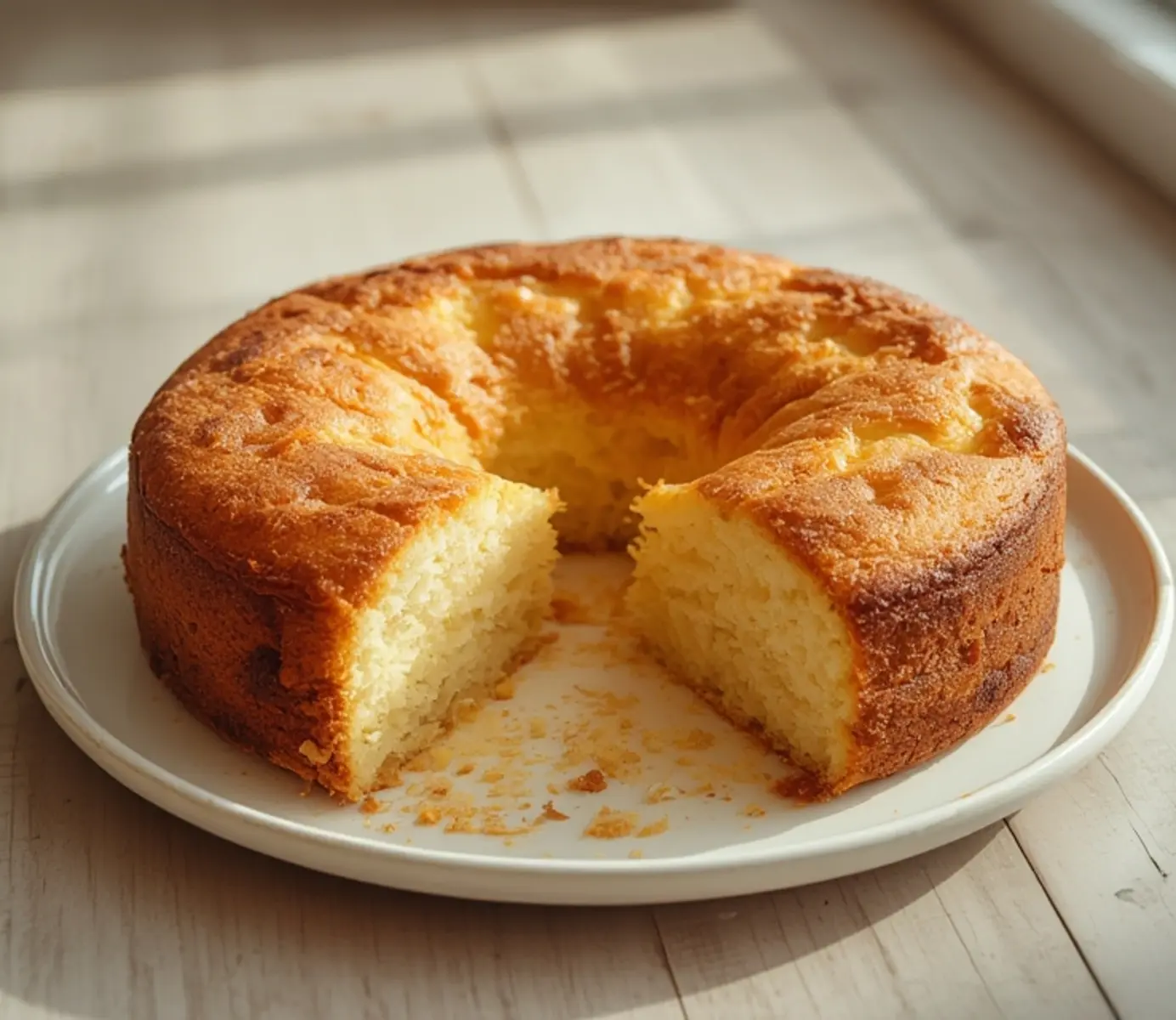 air fryer pina colada cake: Moist golden air fryer pina colada cake slice with coconut and pineapple visible in the tender crumb.