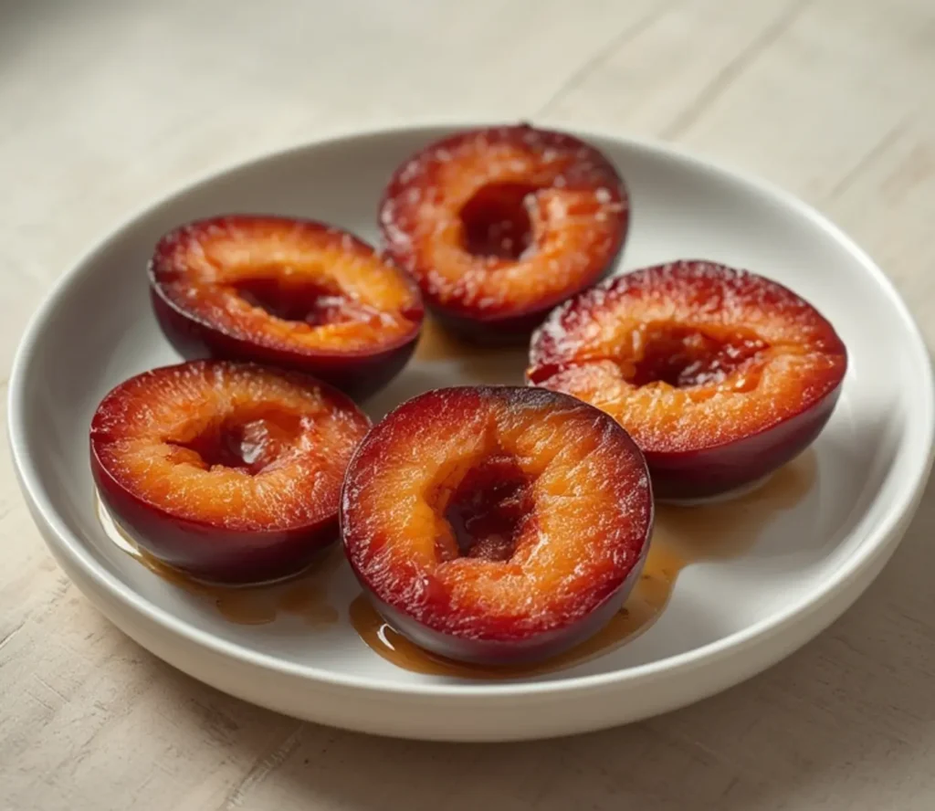 air fryer plums roasted: Juicy roasted plums in an air fryer basket with a caramelized, glossy finish and warm cinnamon aroma.