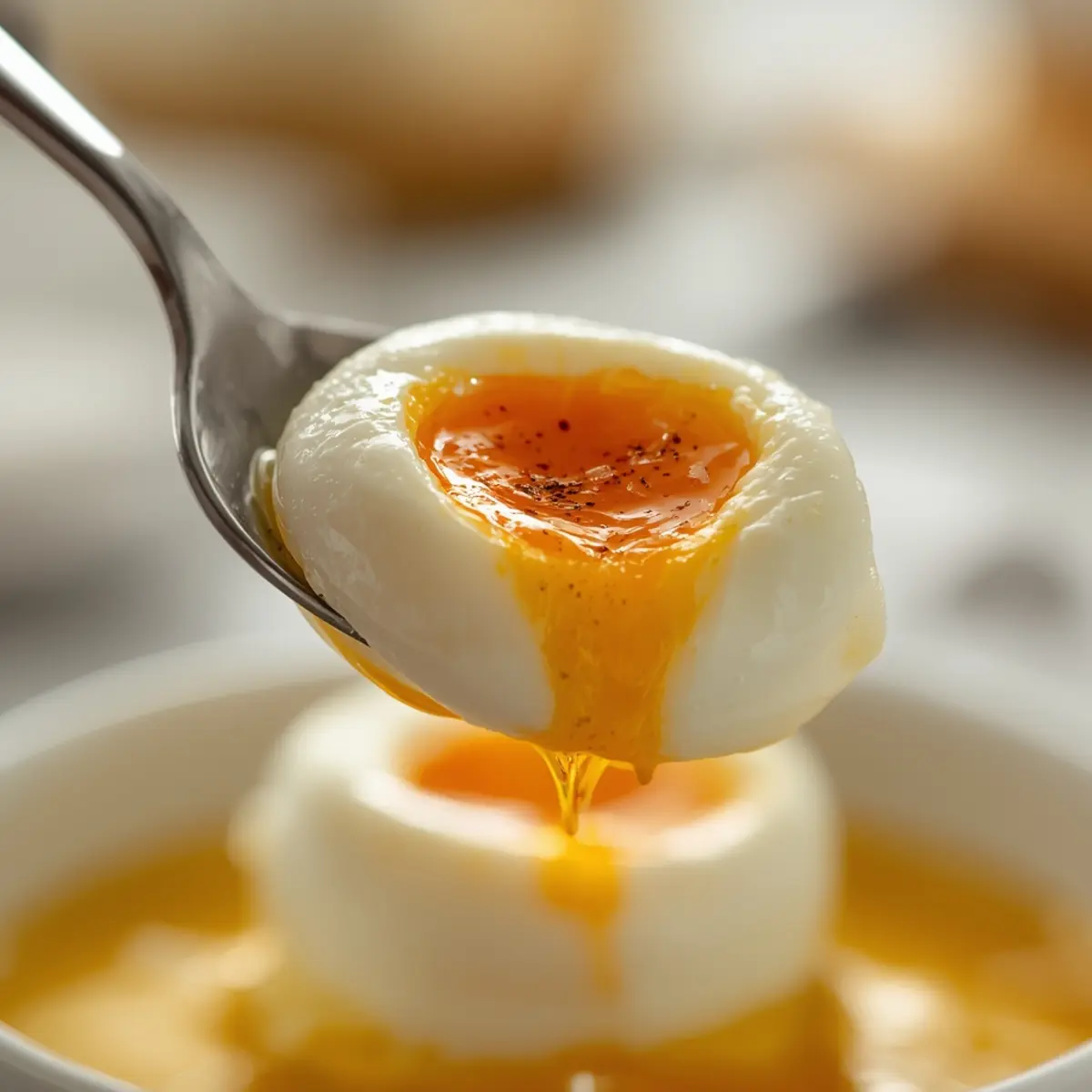 air fryer poached eggs: Perfectly cooked air fryer poached eggs with runny yolks in silicone cups, ready for breakfast.