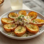 air fryer potato salad warm: Crispy warm air fryer potato salad with golden edges and creamy dressing, close-up texture view.