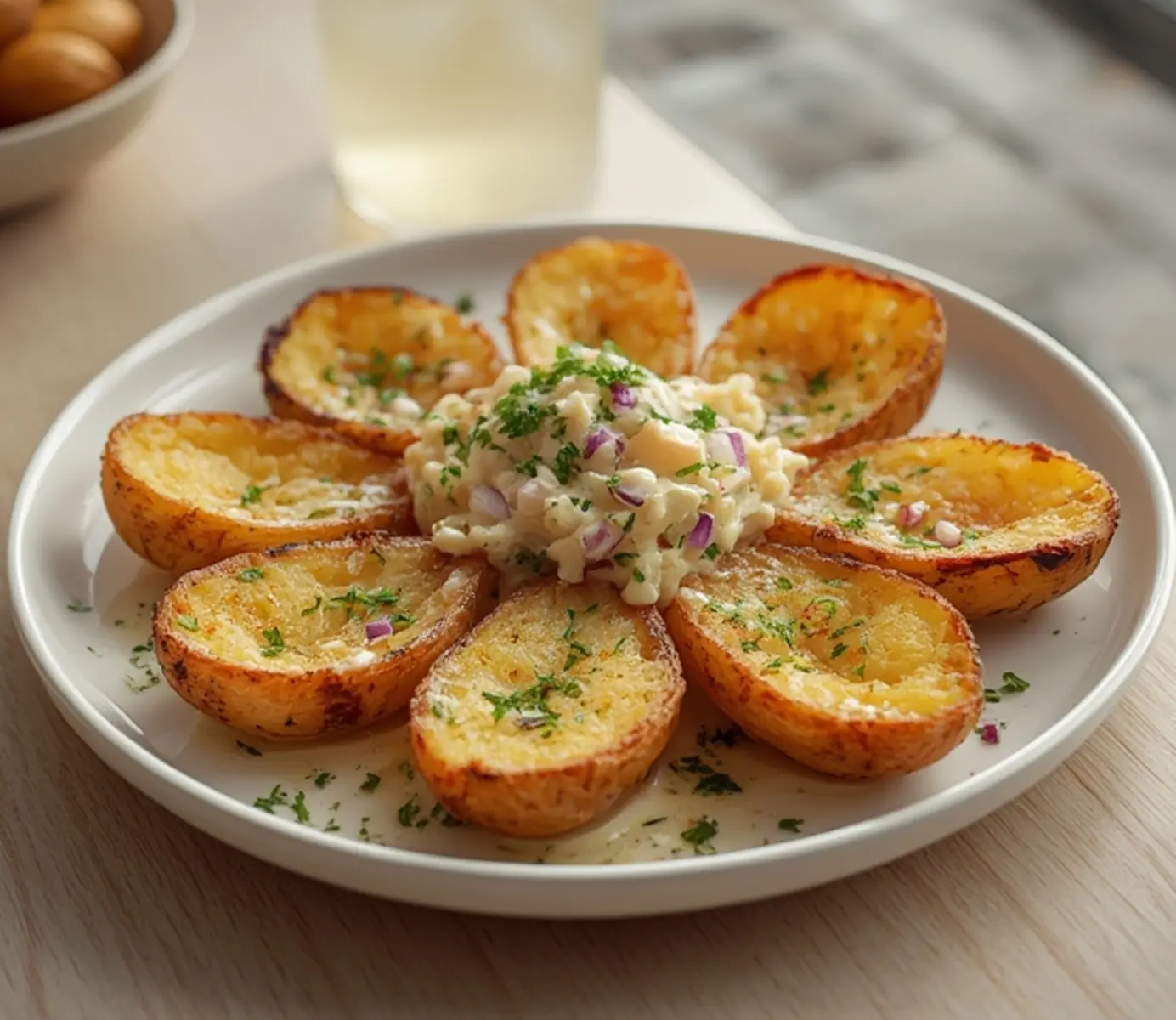 air fryer potato salad warm: Crispy warm air fryer potato salad with golden edges and creamy dressing, close-up texture view.