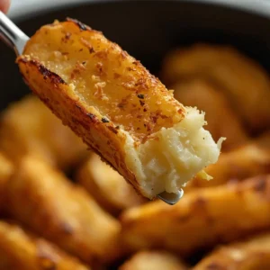 Air Fryer Potato Wedges: Golden crispy air fryer potato wedges with seasoned skin and fluffy interior on a dark surface.