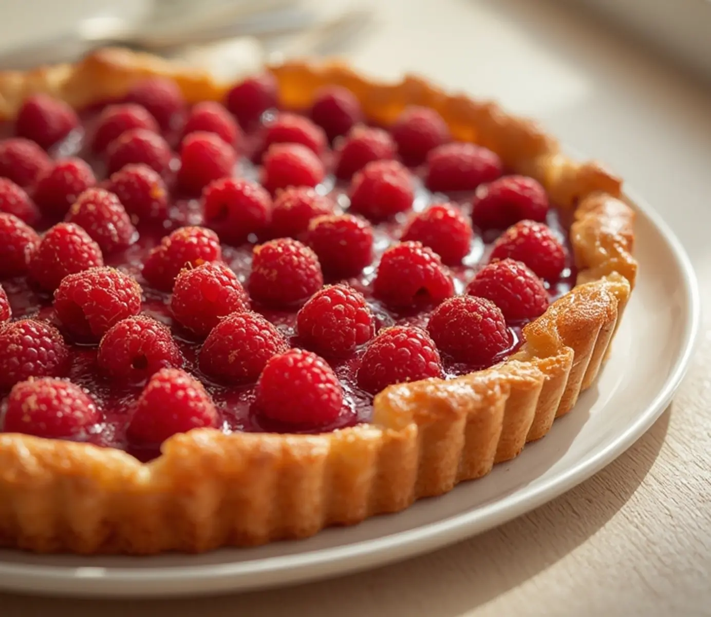 air fryer raspberry tart: Golden air fryer raspberry tart with flaky crust and juicy red raspberries on top.