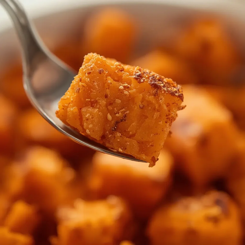 Air Fryer Roasted Sweet Potato Cubes: Golden brown, crispy Air Fryer Roasted Sweet Potato Cubes on a rustic plate, seasoned with paprika.