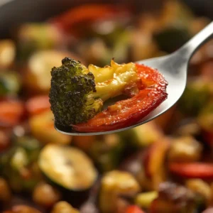 Air Fryer Roasted Vegetables: Golden crispy roasted broccoli, bell peppers, and zucchini in an air fryer basket.