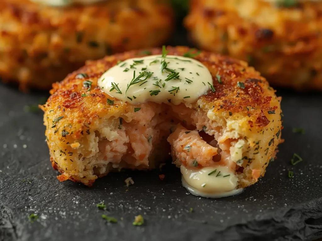 Air Fryer Salmon Cakes with Remoulade: Crispy golden air fryer salmon cakes topped with creamy remoulade sauce on a plate.