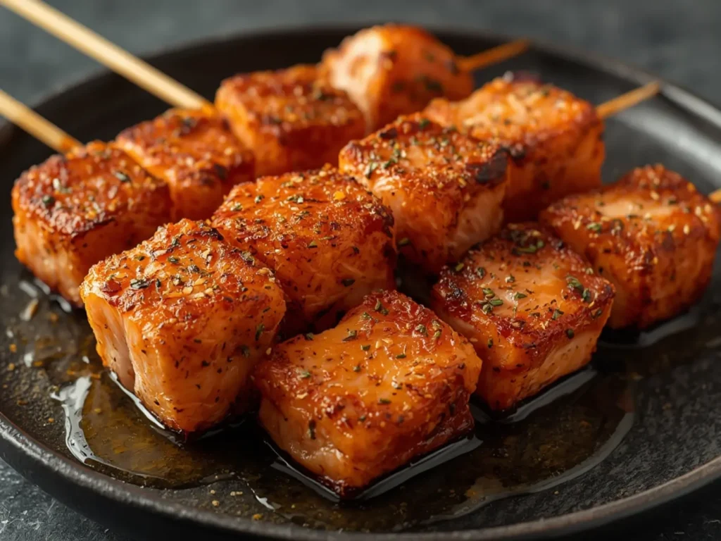 Air Fryer Salmon Kebabs: Golden brown air fryer salmon kebabs on wooden skewers with lemon wedges, showing flaky interior texture