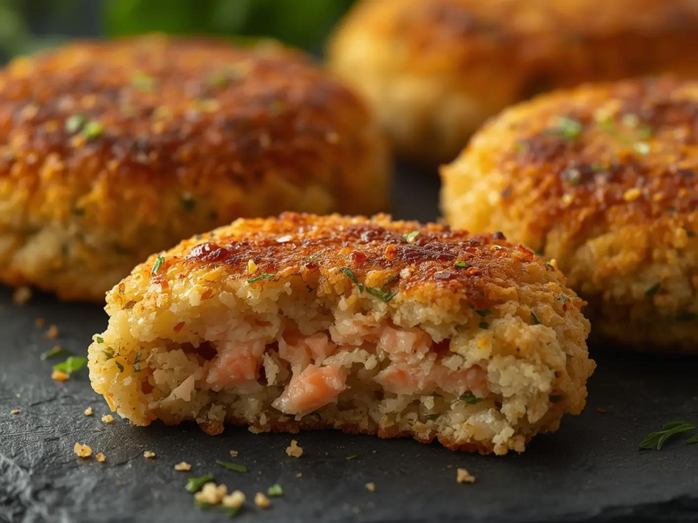Air Fryer Salmon Patties: Crispy golden air fryer salmon patties with a crunchy panko crust and visible salmon flakes on a close-up view.