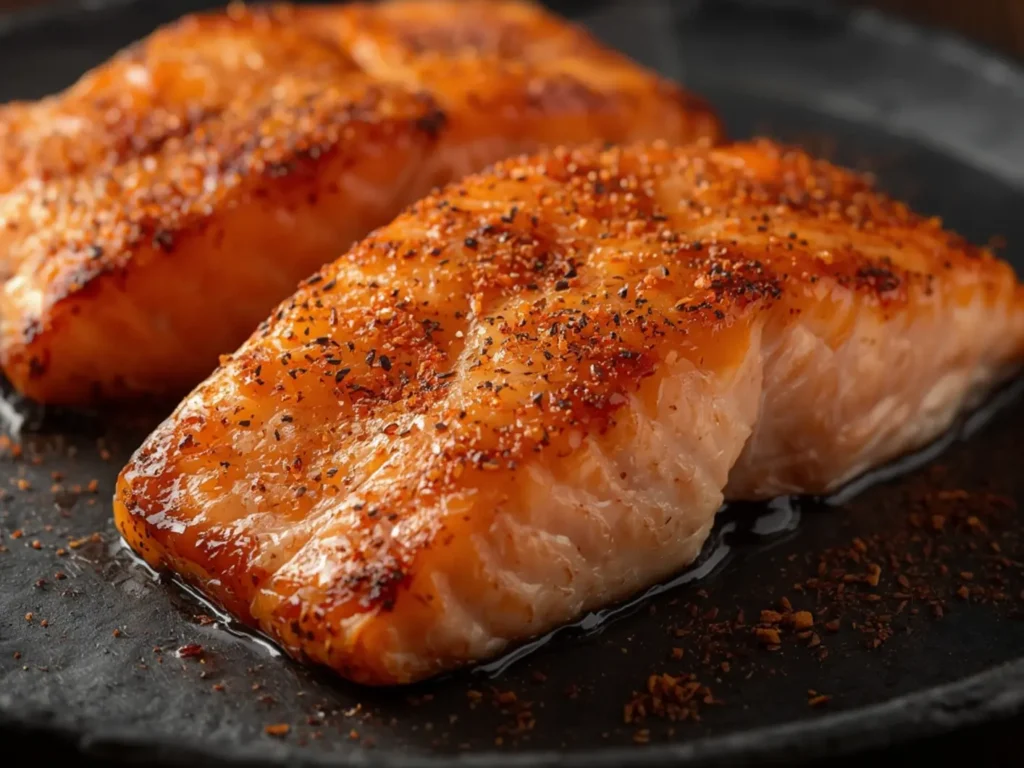 Air Fryer Salmon Seasoning: Crispy skin salmon fillets glazed with lemon butter seasoning, ready to eat