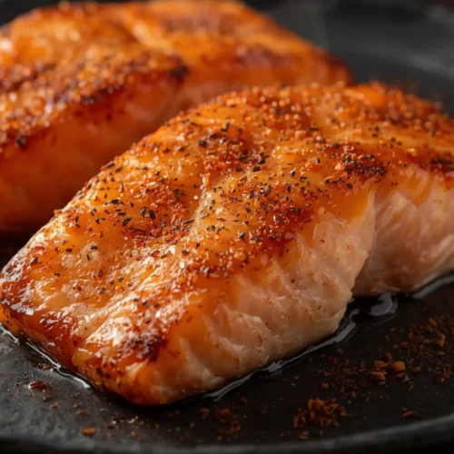 Air Fryer Salmon Seasoning: Crispy skin salmon fillets glazed with lemon butter seasoning, ready to eat