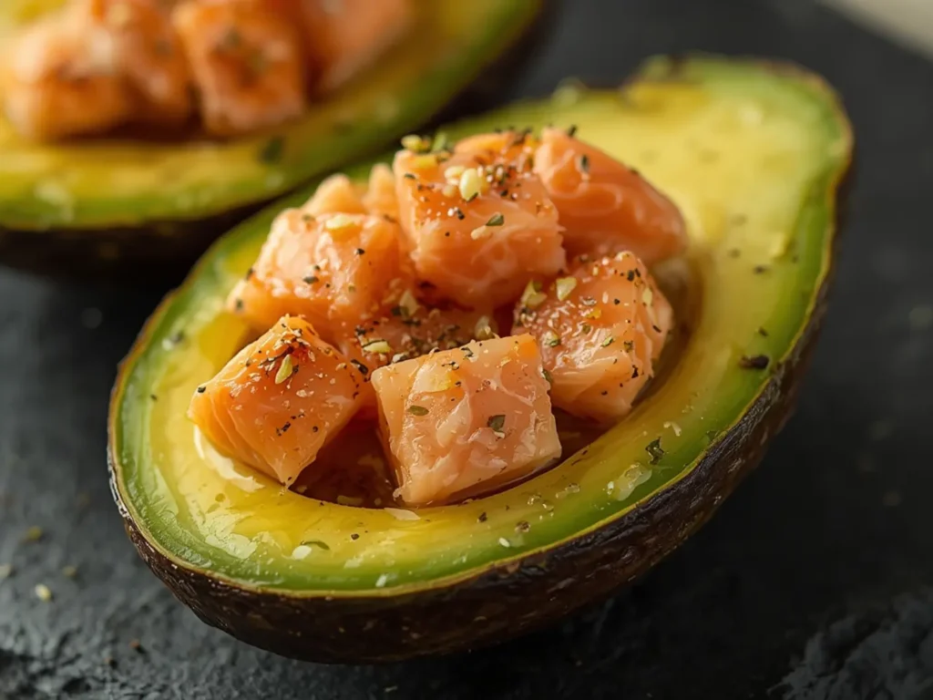 Air Fryer Salmon Stuffed Avocado: Flaky salmon stuffed into creamy avocado halves with golden edges in air fryer