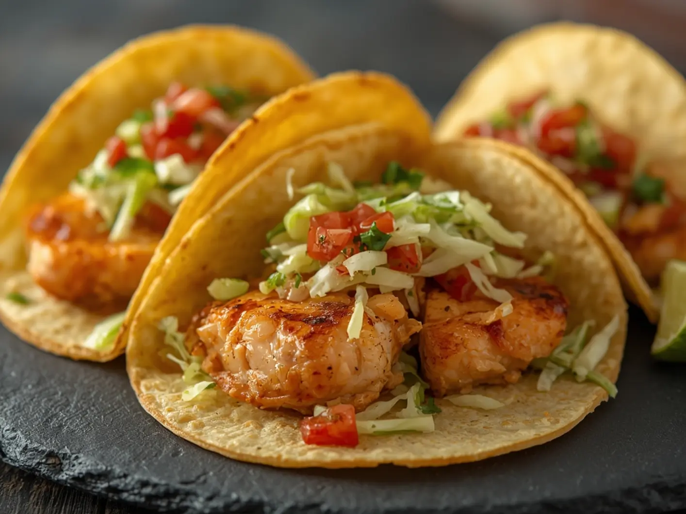 Air Fryer Salmon Tacos: Crispy air fryer salmon tacos topped with fresh cabbage and pico de gallo on a wooden board.