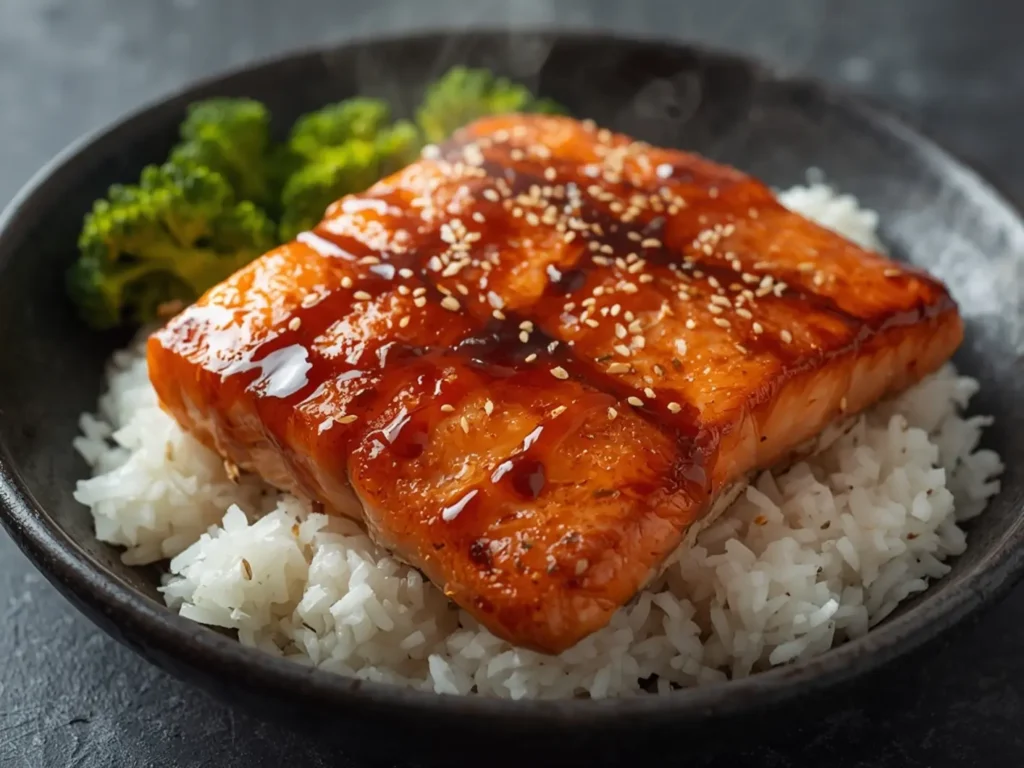 Air Fryer Salmon Teriyaki Bowl: Juicy air fryer salmon teriyaki bowl with glossy glaze, fluffy rice, and steamed broccoli