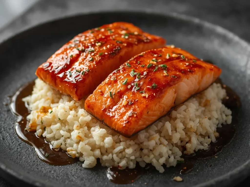 Air Fryer Salmon Teriyaki Bowl with Cauliflower Rice: Glazed salmon teriyaki bowl with fluffy cauliflower rice in an air fryer basket