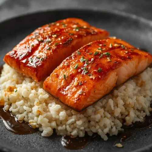 Air Fryer Salmon Teriyaki Bowl with Cauliflower Rice: Glazed salmon teriyaki bowl with fluffy cauliflower rice in an air fryer basket