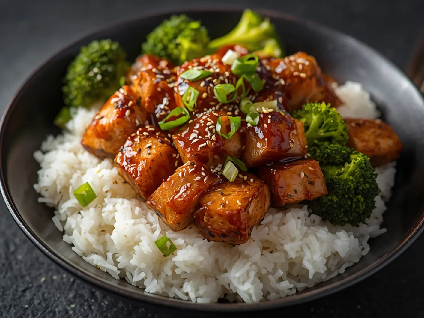Air Fryer Salmon Teriyaki Bowl with Jasmine Rice: Close-up of glazed salmon teriyaki bowl with fluffy jasmine rice and broccoli, steam rising