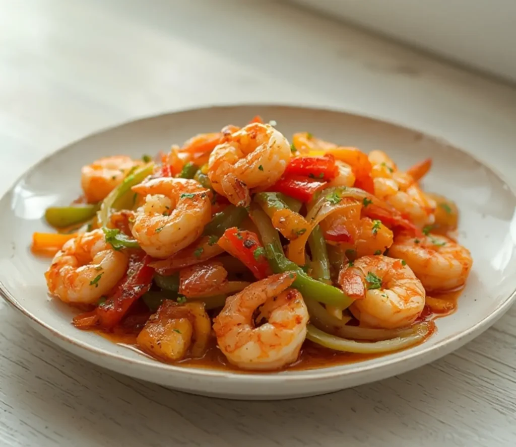 air fryer shrimp fajitas: Juicy air fryer shrimp fajitas with sizzling peppers and onions, ready to serve.