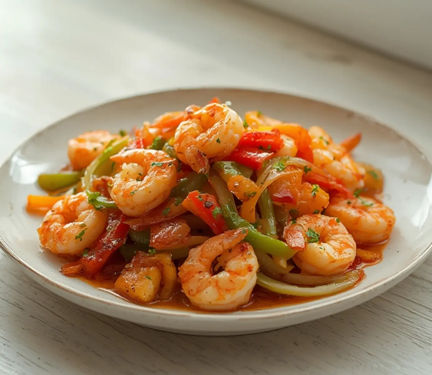 air fryer shrimp fajitas: Juicy air fryer shrimp fajitas with sizzling peppers and onions, ready to serve.