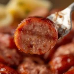 air fryer smoked turkey sausage: Crispy golden smoked turkey sausage slices sizzling in an air fryer basket with a juicy texture.