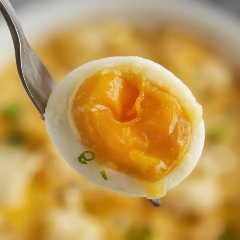 Air Fryer Soft Boiled Eggs: Air fryer soft boiled eggs cut in half showing a creamy jammy yellow yolk and tender white on a dark surface.