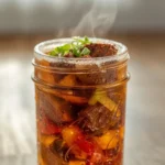 air fryer steak fajitas: Sizzling air fryer steak fajitas with charred meat and colorful peppers in a basket.