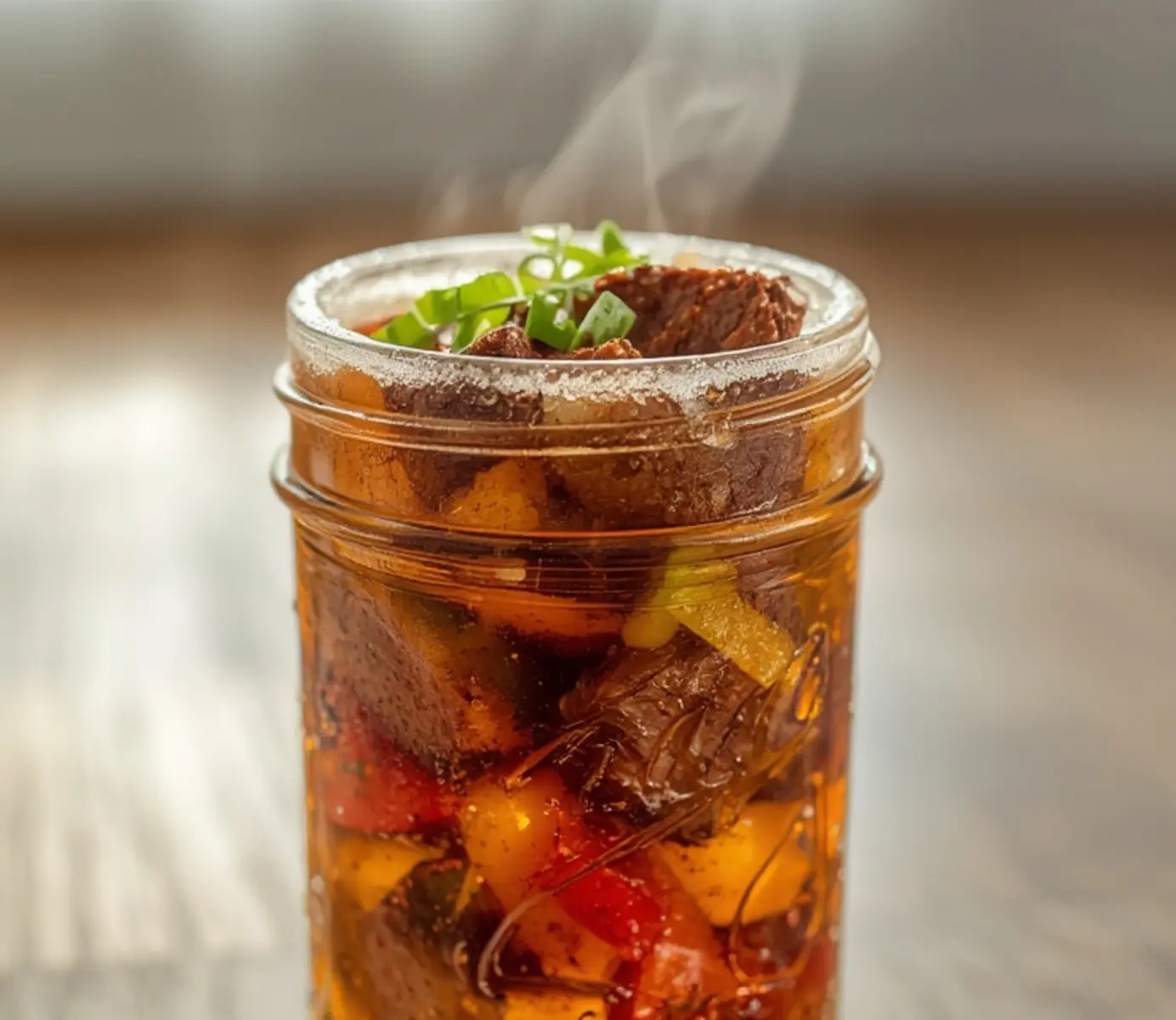 air fryer steak fajitas: Sizzling air fryer steak fajitas with charred meat and colorful peppers in a basket.