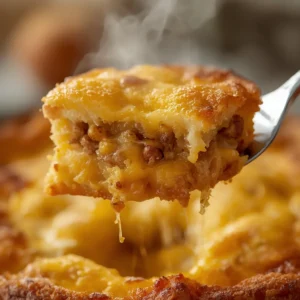 air fryer strata brunch: Close up of a golden brown air fryer strata brunch with melted cheese and sausage chunks in a foil pan.