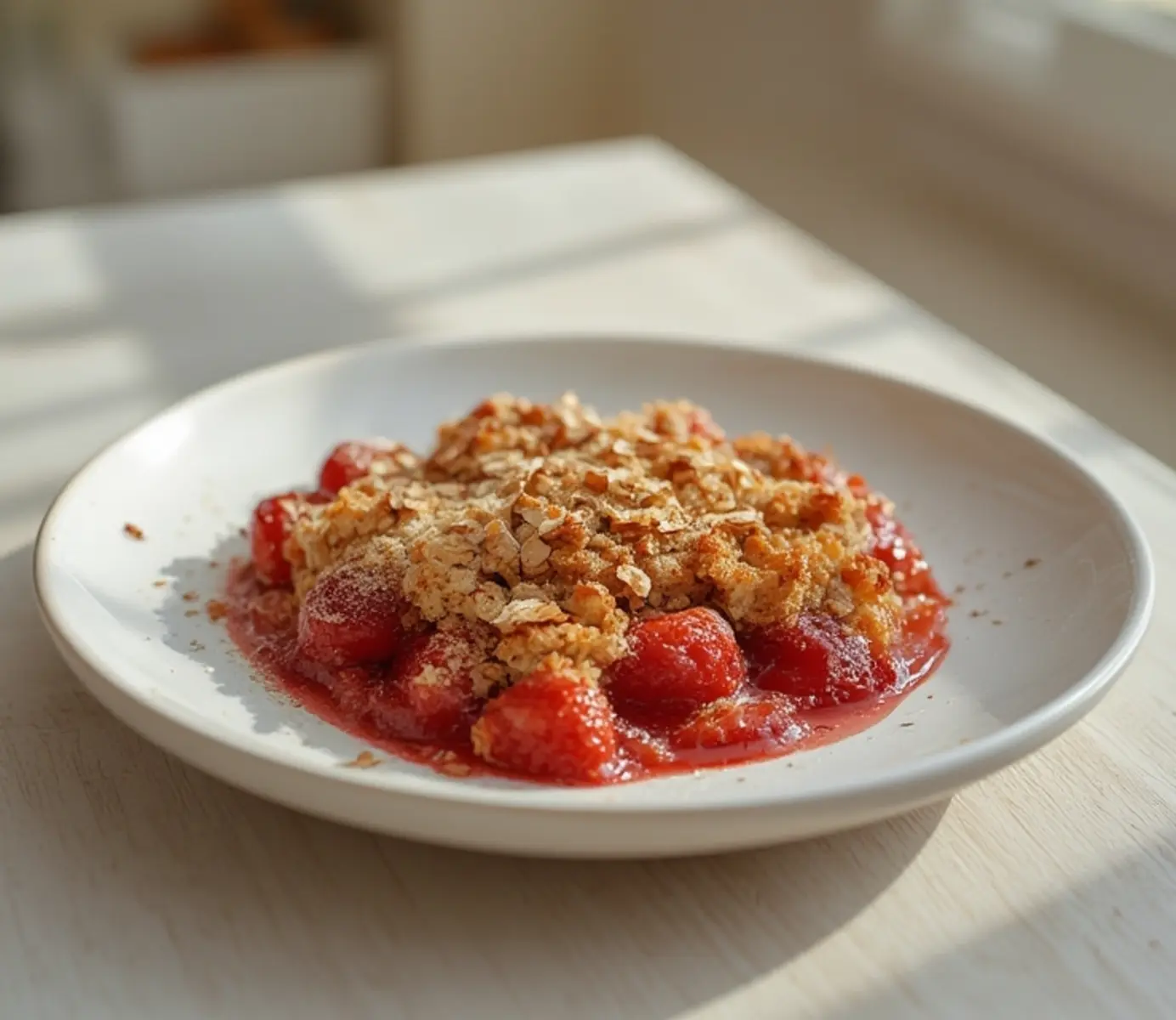 air fryer strawberry crumble: Golden brown oat crumble topping bubbling over juicy red strawberries in a small baking dish inside an air fryer basket