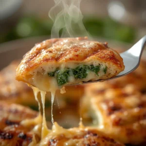 Air Fryer Stuffed Chicken Breast: Golden brown air fryer stuffed chicken breast with melted cheese and spinach filling, juicy interior, steam rising