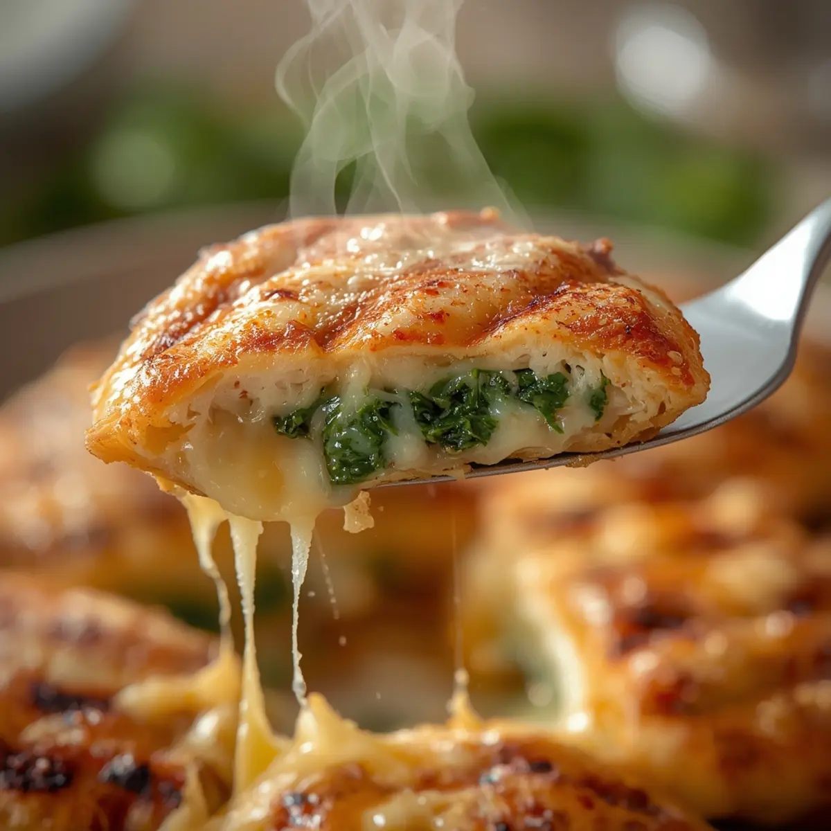 Air Fryer Stuffed Chicken Breast: Golden brown air fryer stuffed chicken breast with melted cheese and spinach filling, juicy interior, steam rising