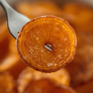 Air Fryer Sweet Potato Chips: Golden crispy air fryer sweet potato chips piled on a plate with sea salt crystals visible