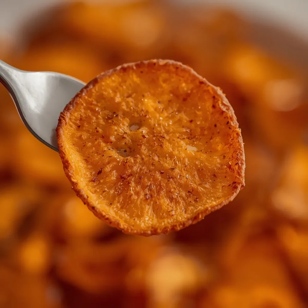 Air Fryer Sweet Potato Chips Spicy: Crispy spicy sweet potato chips in air fryer with golden edges and red spice flecks.