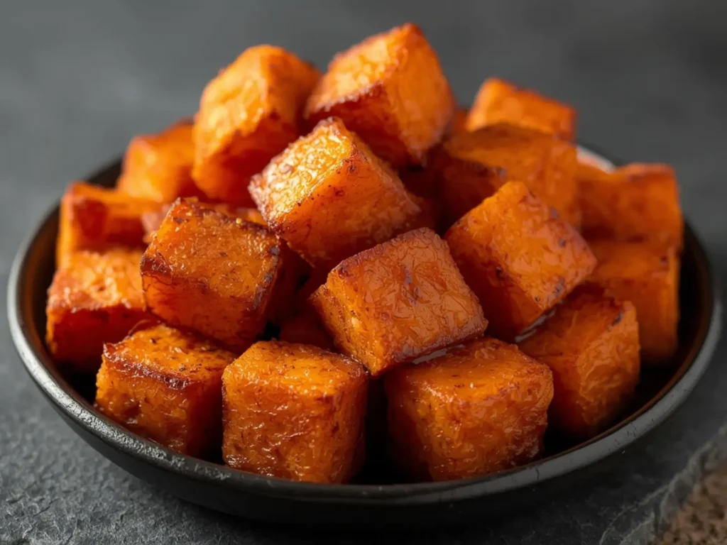 Air Fryer Sweet Potato Cubes: Crispy golden air fryer sweet potato cubes in a basket with steam rising and caramelized edges.