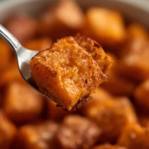 Air Fryer Sweet Potato Cubes: Crispy air fryer sweet potato cubes with golden edges and soft orange centers, coated in savory spices.