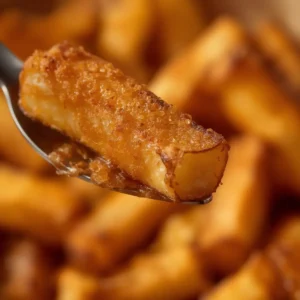 Air Fryer Sweet Potato Fries: Golden brown sweet potato fries piled high in an air fryer basket, showing crispy edges and seasoned texture