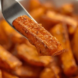 Air Fryer Sweet Potato Fries Crispy: Crispy golden air fryer sweet potato fries with crunchy edges and soft center in a basket.