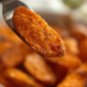 Air Fryer Sweet Potato Wedges: Crispy golden air fryer sweet potato wedges with seasoned edges on a dark surface.