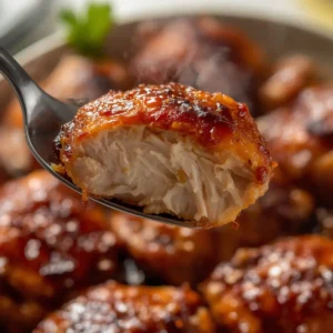 Air Fryer Teriyaki Chicken: Crispy glazed teriyaki chicken thighs in air fryer basket with glossy sauce dripping