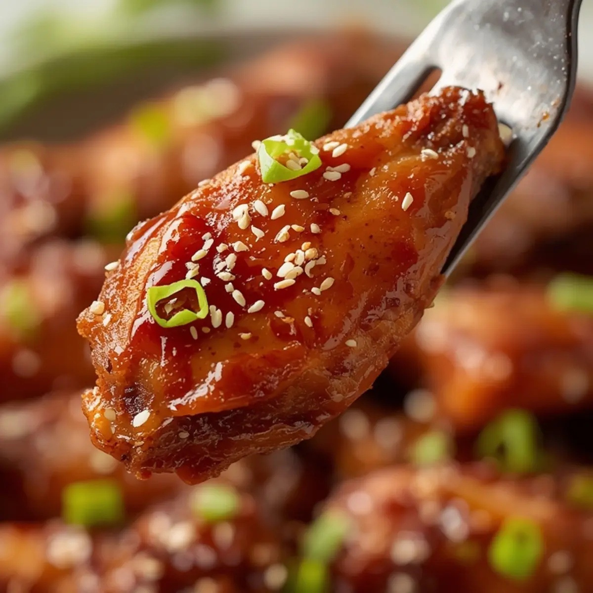 air fryer teriyaki wings summer: Crispy golden brown chicken wings coated in sticky dark teriyaki glaze topped with sesame seeds and green onions.