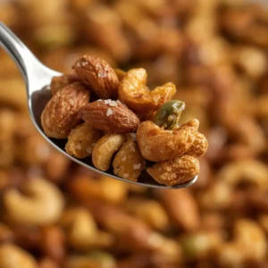 air fryer trail mix roasted: Crispy golden roasted almonds, cashews, and pumpkin seeds in a close-up view, glistening with oil and salt.