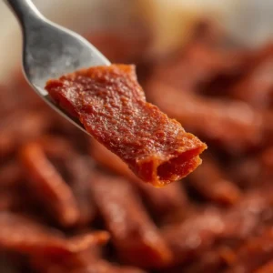 air fryer turkey jerky: Close-up of lean, golden-brown turkey jerky strips with a chewy texture and paprika spices.