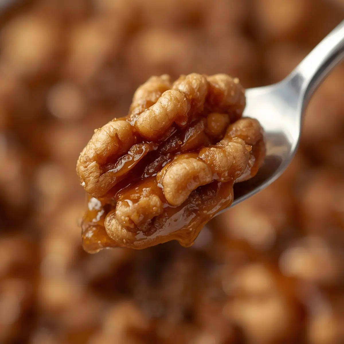 air fryer walnuts toasted: Close up of golden brown toasted walnut halves glistening in an air fryer basket, showing a crispy texture.
