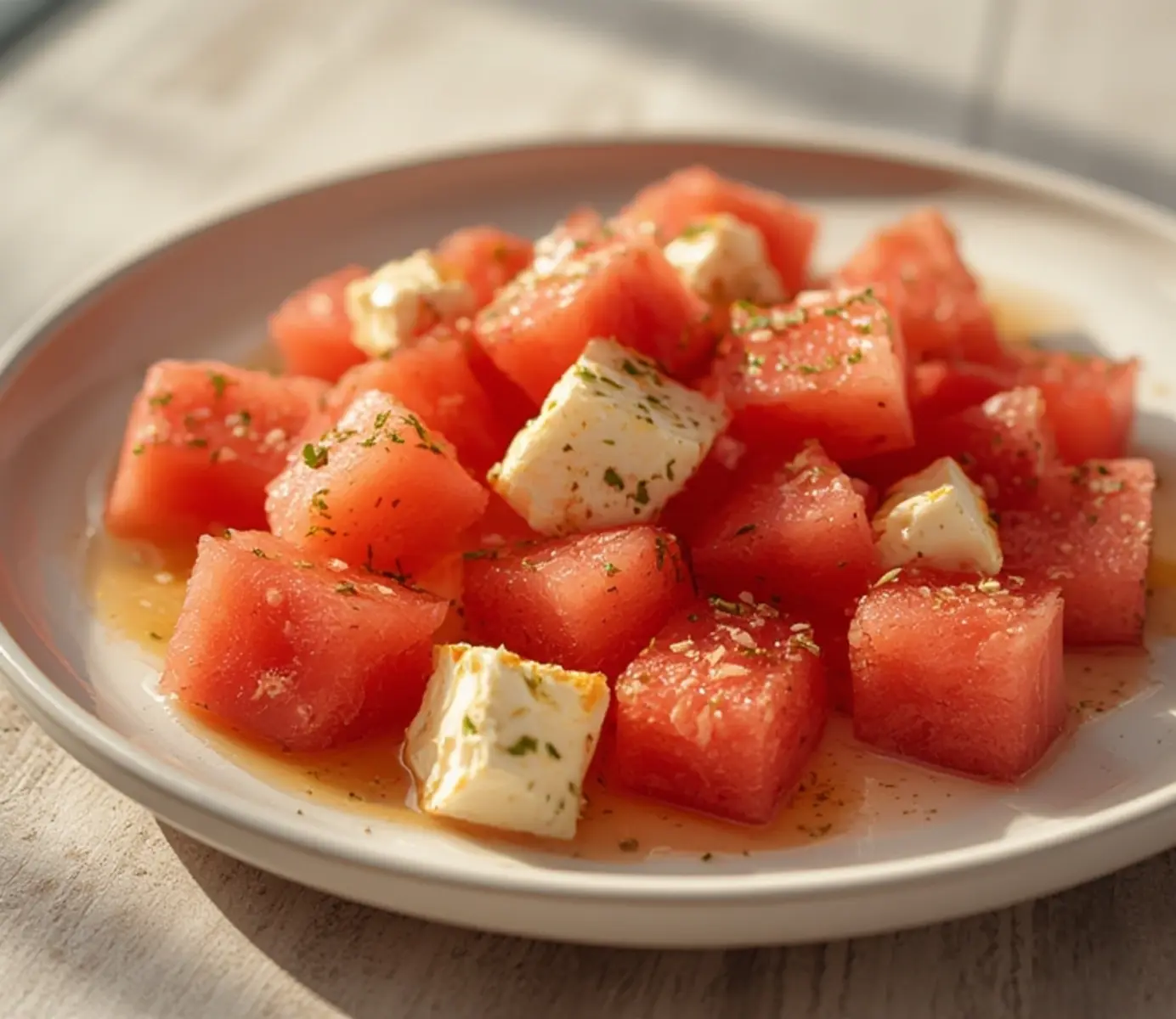 air fryer watermelon feta salad: Crispy air fryer watermelon feta salad with golden edges and creamy cheese cubes close up