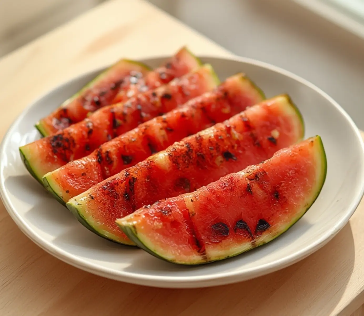 air fryer watermelon grilled: Close-up of grilled watermelon wedges with smoky edges and juicy pink interior in an air fryer.