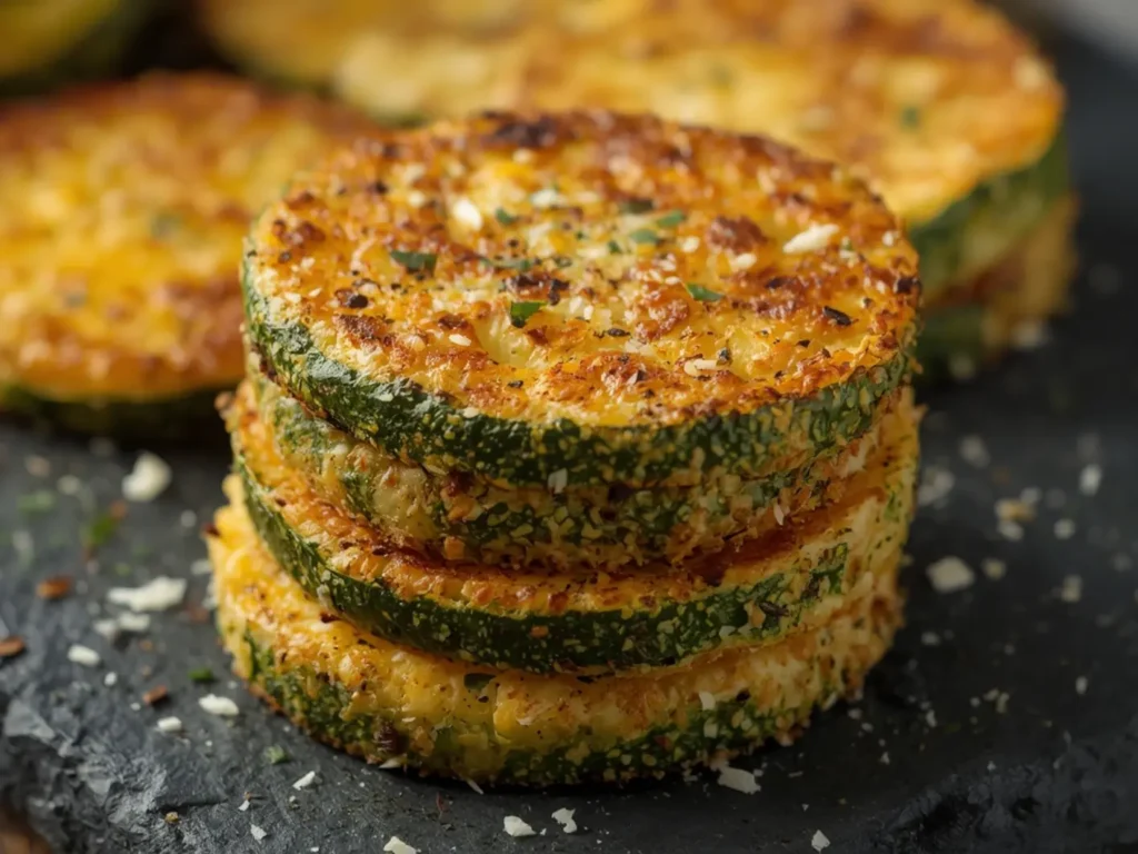 Air Fryer Zucchini: Golden crispy air fryer zucchini rounds with parmesan cheese on a plate