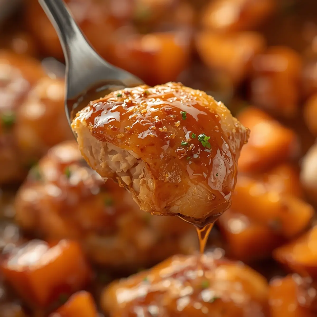 Honey Garlic Chicken Sweet Potato: Juicy honey garlic chicken and sweet potato cubes in air fryer with glossy glaze and golden edges
