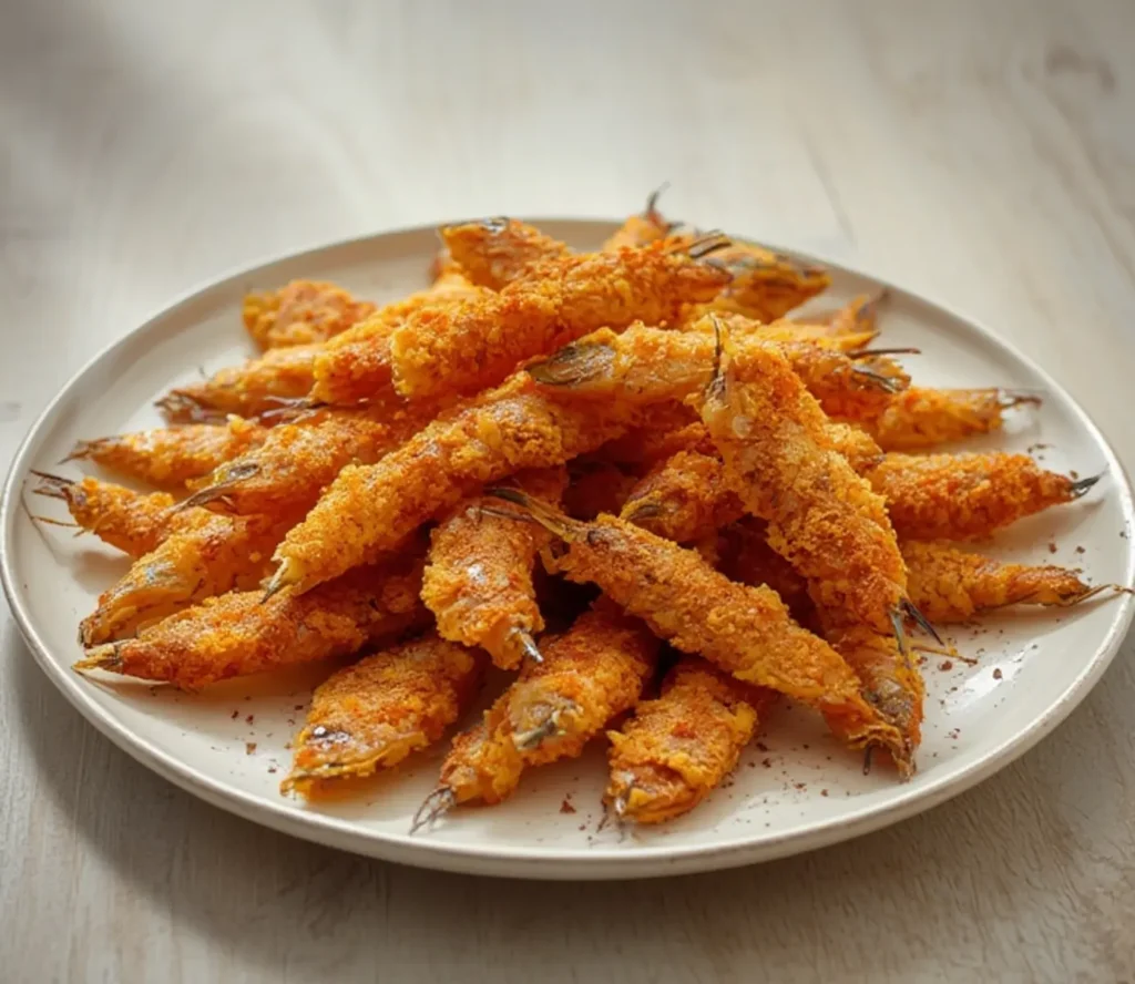 air fryer anchovies fried: Crispy golden fried anchovies made in the air fryer piled on a plate.