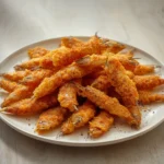 air fryer anchovies fried: Crispy golden fried anchovies made in the air fryer piled on a plate.