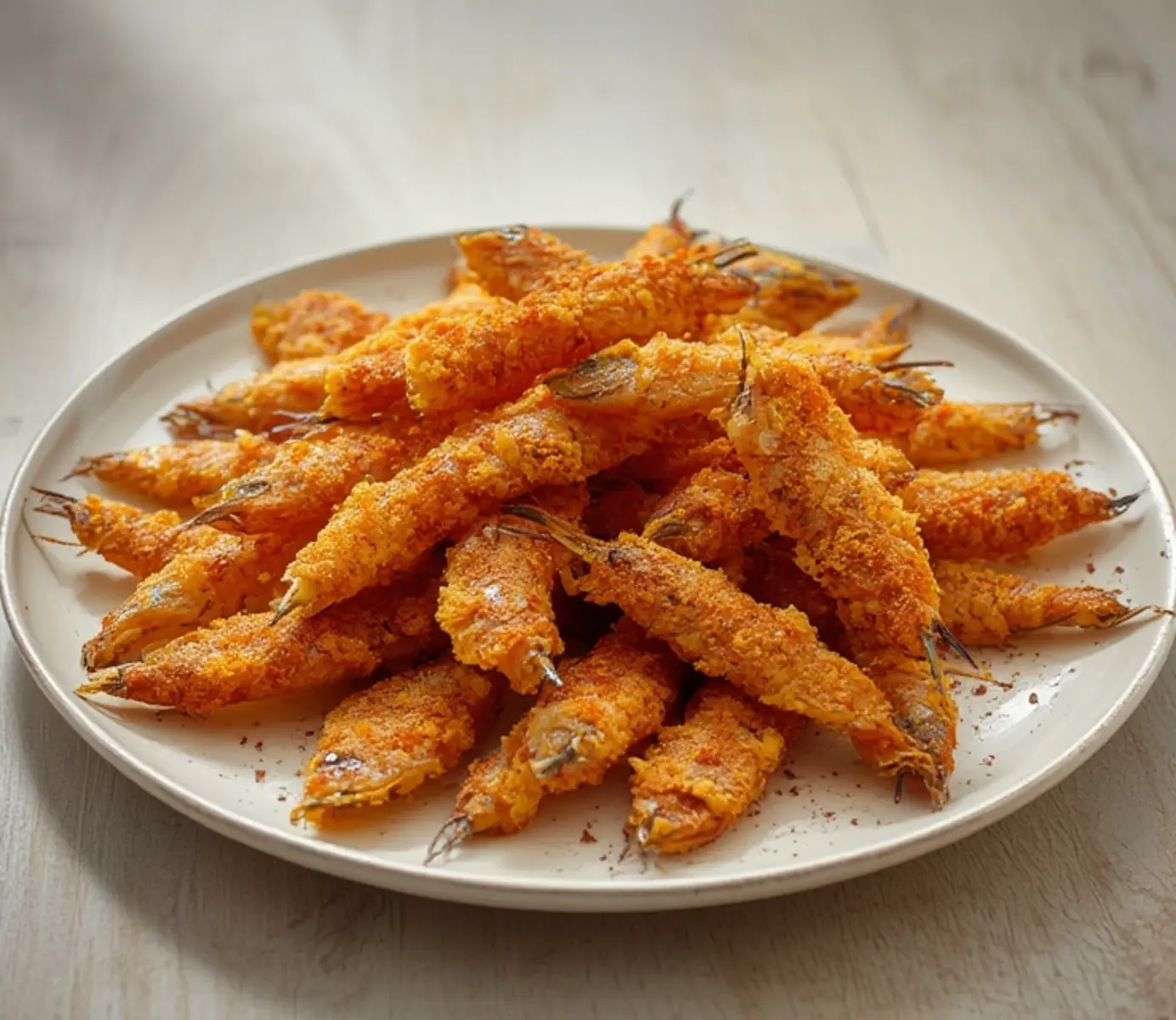 air fryer anchovies fried: Crispy golden fried anchovies made in the air fryer piled on a plate.