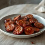 air fryer andouille sausage: Golden brown andouille sausage slices with crisp edges in an air fryer basket, perfect for dinner.